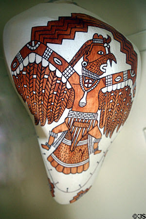 Replica of native Floridian shell black drink bowl inscribed with Indian in feathers at Castillo de San Marcos. St Augustine, FL.