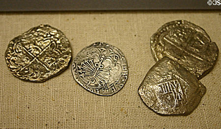 Spanish silver coins in museum of The Oldest House. St Augustine, FL.