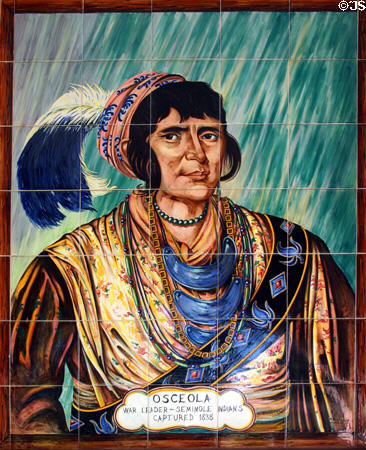 Tile mural of Seminole guerrilla leader Osceola arrested under a flag of truce in 1838 in museum of The Oldest House. St Augustine, FL.