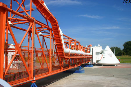 Service arm bridge across which Apollo 11 astronauts walked to their command module atop Satrun V for July 16, 1969 moon launch at Kennedy Space Center. FL.