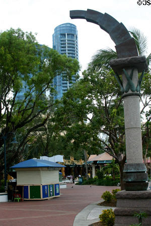 Cascade Arch (1995) sculpture by Barry Tinsley over Riverwalk pedestrian promenade. Fort Lauderdale, FL.