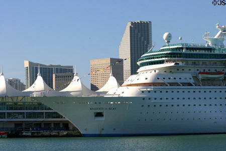 Bow of Majesty of the Seas cruise ship against skyline of Miami. Miami, FL.