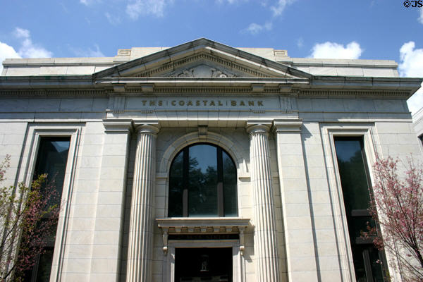 Pediment of Coastal Bank at West St. Julian & Bull Sts. on Johnson Square. Savannah, GA.