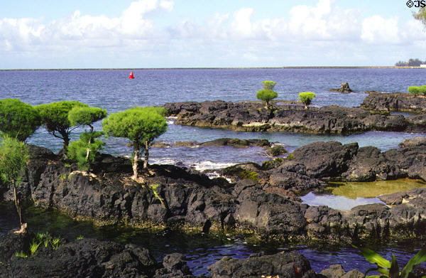 Shore at Hawaii Naniloa Resort at Hilo Harbor. Big Island of Hawaii, HI.