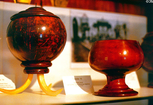 Calabash coconut pedestal bowl with boar's tusks feet, at Bailey House Museum, Wailuku. Maui, HI.