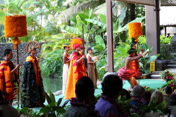 Hawaiian ceremonies at Luau at Polynesian Cultural Center. Laie, HI.