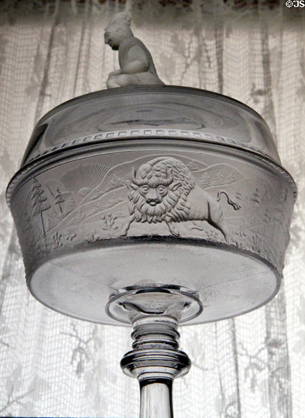 Westward Ho covered pressed glass compote with Buffalo (c1880) by James Gillinder & Sons at Beresheim House. Council Bluffs, IA.