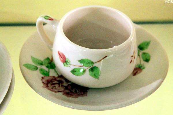 Portland Rose cup & saucer used on Union Pacific train between Chicago & Portland, OR at Union Pacific Railroad Museum. Council Bluffs, IA.