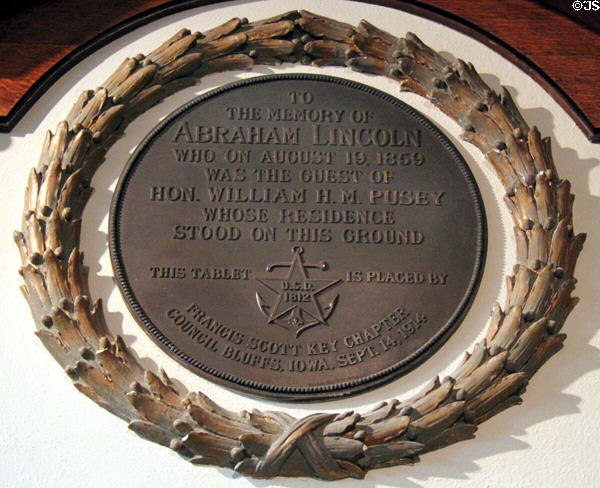 Plaque marking visit of Abraham Lincoln to Council Bluffs (Aug. 19, 1859) at Union Pacific Railroad Museum. Council Bluffs, IA.