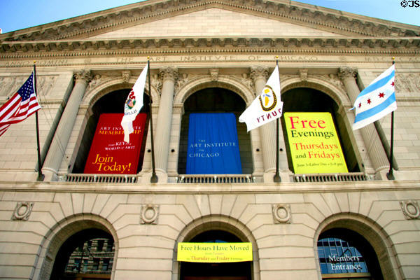 Facade of Art Institute of Chicago (1893) (South Michigan at East Adams) originally created for World's Columbian Exposition. Chicago, IL. Architect: Shepley, Rutan & Coolidge.