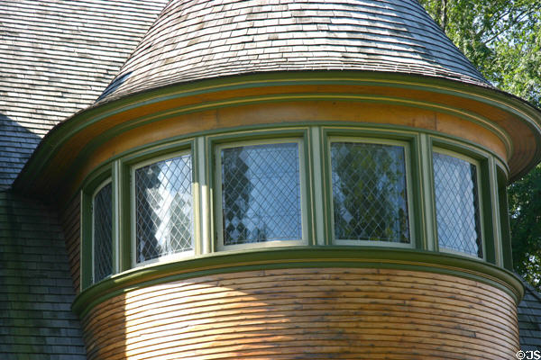 Detail of rounded front tower of Walter M. Gale House. Oak Park, IL.