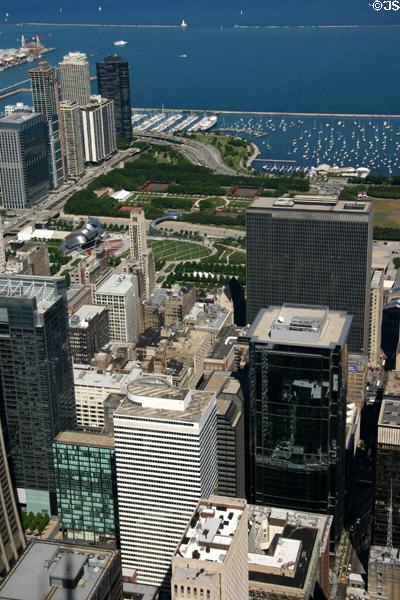 Apartments along East Randolph Street, Millennium Park & South Michigan Avenue from Sears Tower. Chicago, IL.