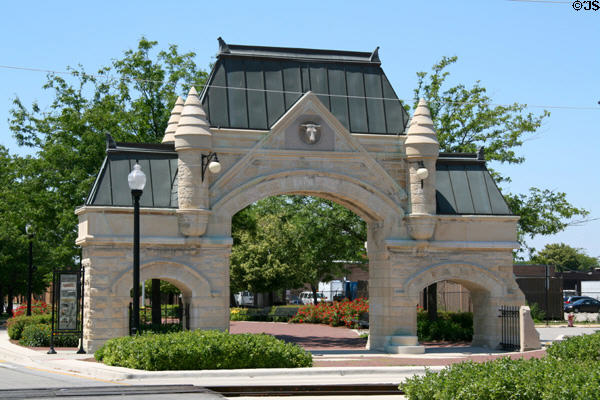 Old Stone Gate of Chicago Union Stockyards (c1875) (Exchange Ave. at Peoria St.). Chicago, IL. Architect: Burnham & Root. On National Register.