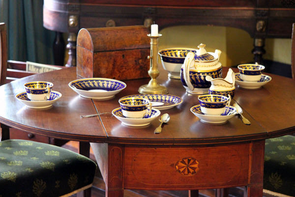 Drop-leaf table with tea service in Counsel room at Grouseland. Vincennes, IN.