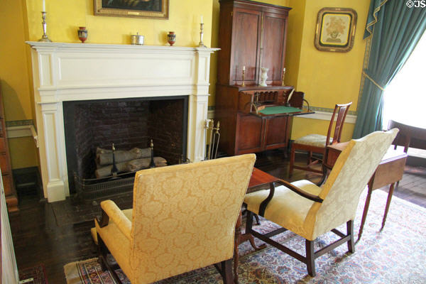 Counsel room fireplace with armchairs & drop front desk at Grouseland. Vincennes, IN.