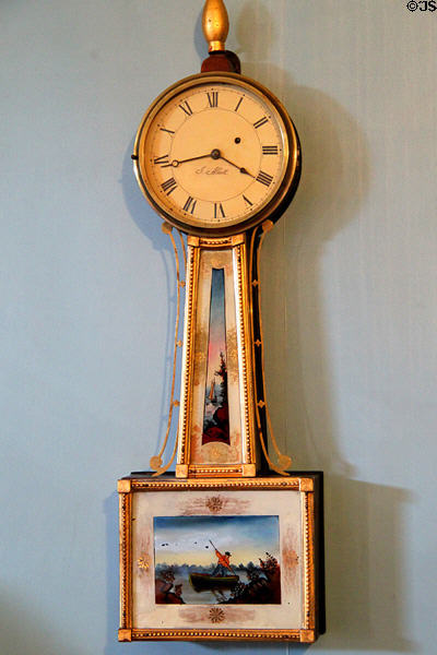 Early American banjo clock by J. Abbott in dining room at Grouseland. Vincennes, IN.