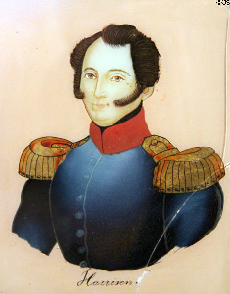 Reverse painting of General William Henry Harrison with long sideburns on glass at Grouseland. Vincennes, IN.