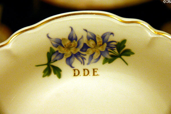 D.D.E. initials & flower of Columbine presidential aircraft china at Eisenhower Museum. Abilene, KS.