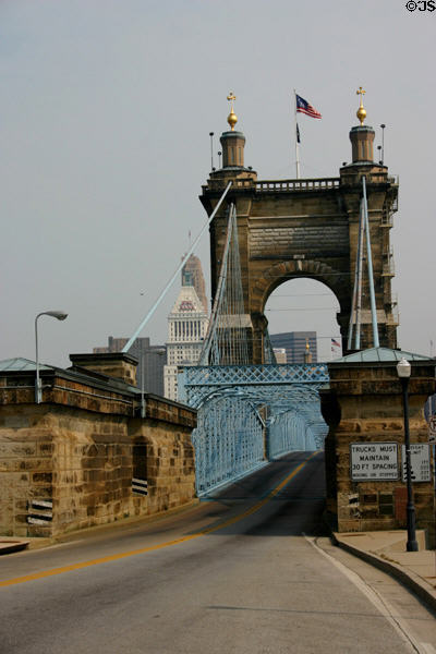 Roebling Suspension Bridge (1856-67) 1,057 ft span was longest in world when opened. Roeblings went on to build Brooklyn bridge. Covington, KY. Architect: John A. Roebling & Washington Roebling. On National Register.
