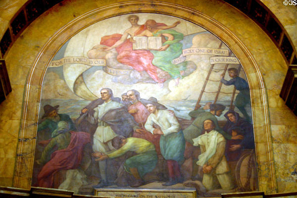 Mural of Pilgrims on the Mayflower in rotunda of Massachusetts State House. Boston, MA.