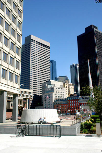Boston City Hall over Faneuil Hall flower market with John F. Kennedy Building (1967) by Architects Collaborative beyond. Boston, MA.