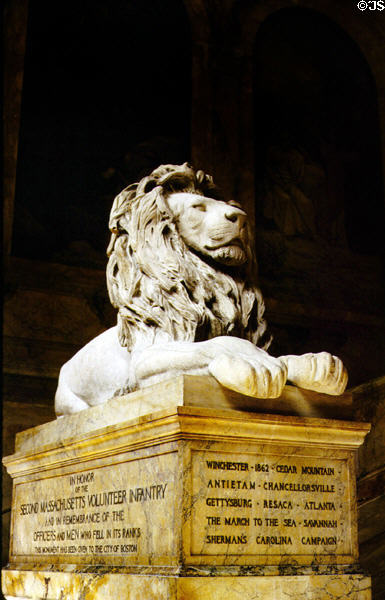 Civil War memorial lion in stairway of Boston Public Library. Boston, MA.