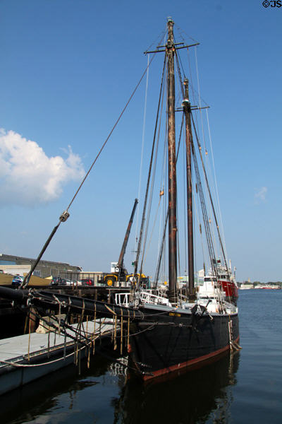 Schooner Ernestina (1894) one of last surviving Gloucester wooden sailing ships built to fish the Grand Banks, now a museum ship at New Bedford harbor. New Bedford, MA. On National Register.