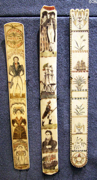 Scrimshaw engravings on whale bones at New Bedford Whaling Museum. New Bedford, MA.
