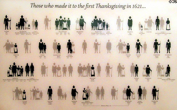Graphic of Mayflower Passengers who survived to First Thanksgiving in 1621 at Pilgrim Hall Museum. Plymouth, MA.