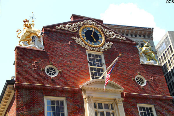 Lion, clock & unicorn atop Old State House. Boston, MA.