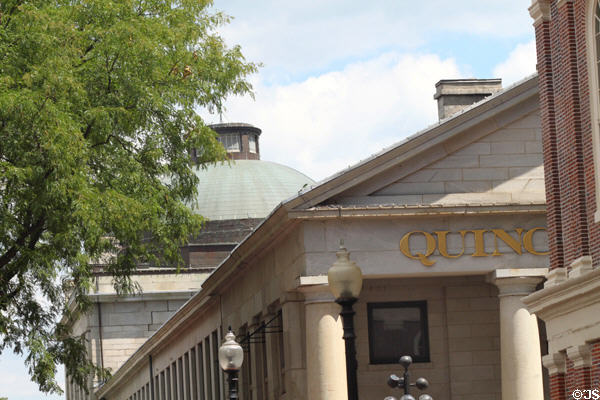 Quincy Market building (1825) at Faneuil Hall Market. Boston, MA. Style: Greek Revival. Architect: Abner Joy; Alexander Parris; John Redman. On National Register.