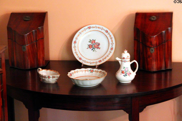 Knife boxes & porcelain serving pieces in dining room at Peacefield. Quincy, MA.