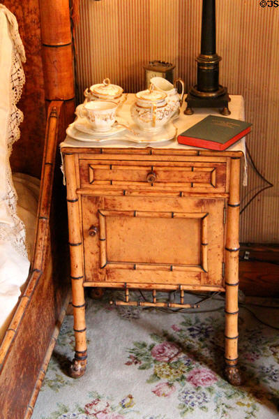 Simulated bamboo nightstand carved from bird's-eye maple at Gibson House Museum. Boston, MA.