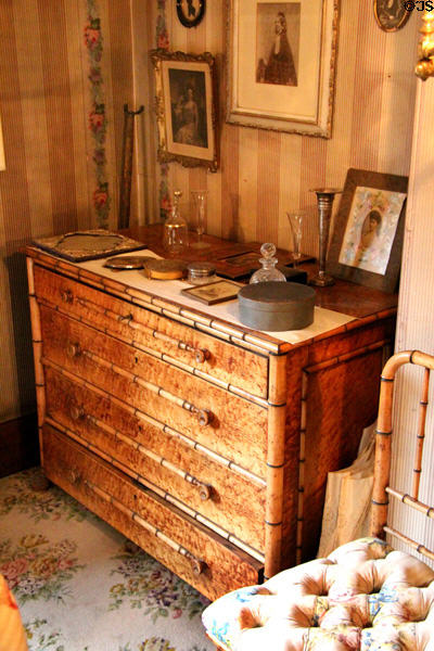 Chest of drawers carved from bird's-eye maple to look like bamboo at Gibson House Museum. Boston, MA.
