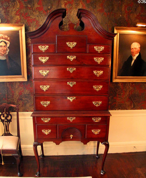 "Bonnet top" highboy (1760s) from Boston at Nichols House Museum. Boston, MA.