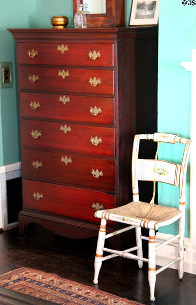 Dresser by Thomas Seymour of Boston & stenciled Hitchcock side chair in front bedroom at Nichols House Museum. Boston, MA.
