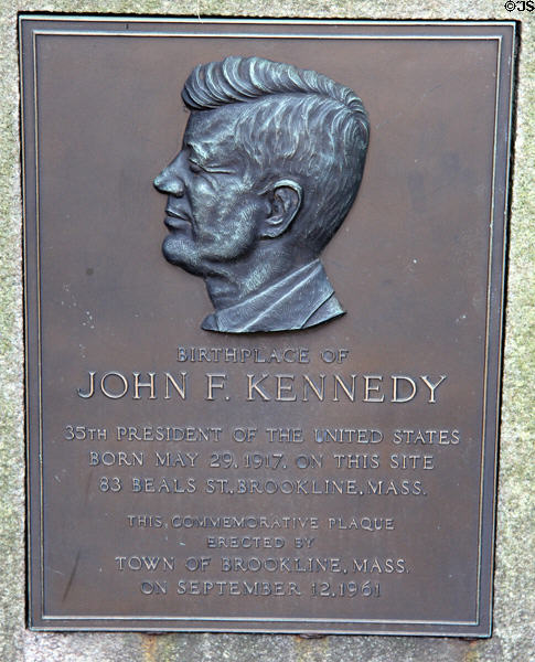 Plaque marking birthplace museum house at John Fitzgerald Kennedy National Historic Site run by National Parks Service. Boston, MA.