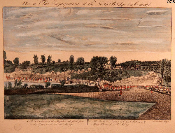 The Engagement at the North Bridge in Concord April 19, 1775 graphic by Amos Doolittle at Concord Museum. Concord, MA.