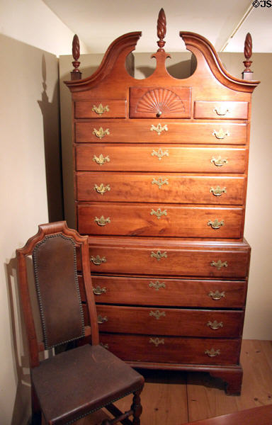 Chest-on-chest (1782) attrib. Joseph Hosmer of Concord, MA at Concord Museum. Concord, MA.