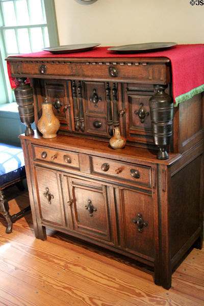 Joined cupboard (1670-99) with massive front pillars attrib. Harvard College Joiners of Cambridge, MA at Concord Museum. Concord, MA.