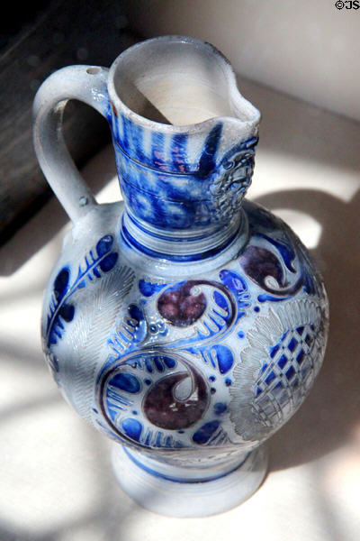 Salt-glazed stoneware jug (1650-80) from Germany at Concord Museum. Concord, MA.