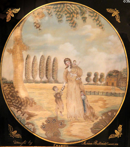 Charity silk embroidery on painted glass (1812) by Meriam Buttrick of Concord at Concord Museum. Concord, MA.