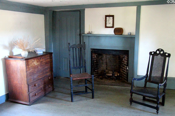 Room with blue trim & caned chairs at John Balch Museum House. Beverly, MA.