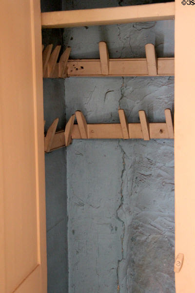 Closet clothes hooks in upstair cupboard at Rev. John Hale House. Beverly, MA.