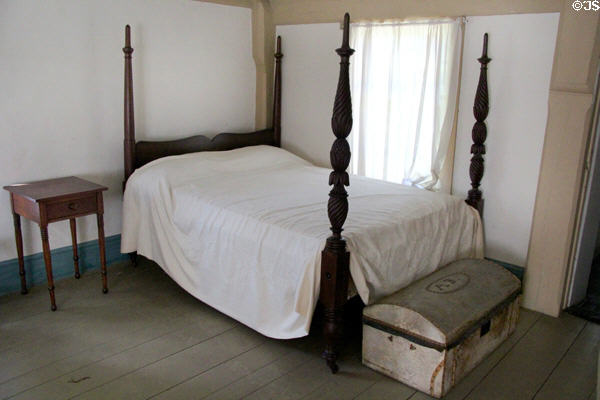 Four poster bed with hair trunk at Rev. John Hale House. Beverly, MA.
