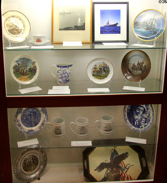 Collection of commemorative china with American themes at Abbot Hall. Marblehead, MA.