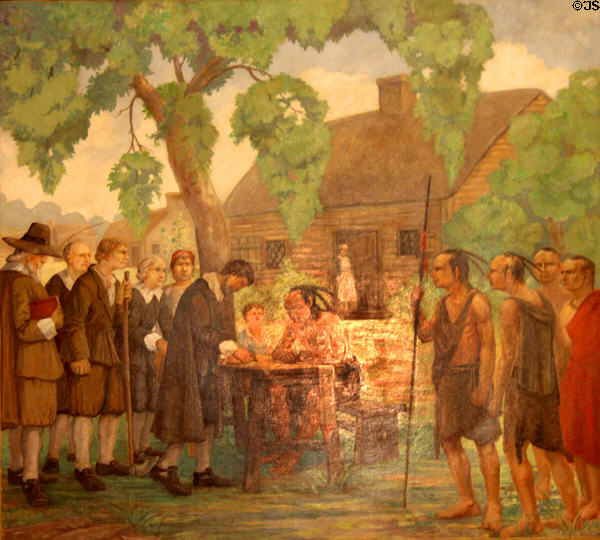 Signing the town of Marblehead Deed in 1684 mural at Abbot Hall. Marblehead, MA.