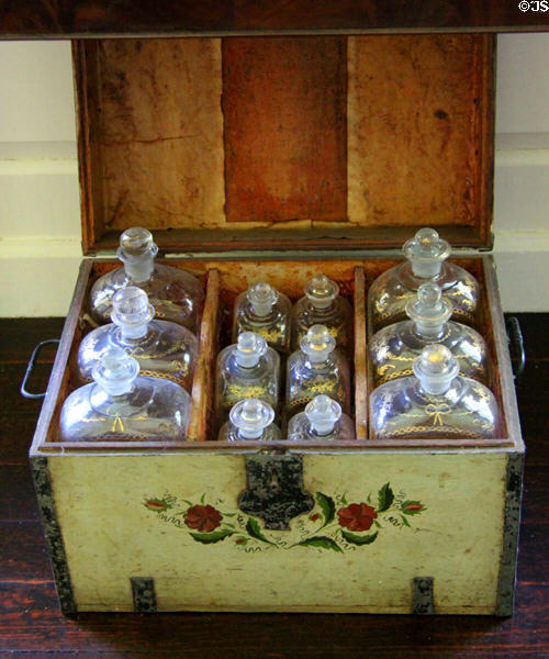 Stenciled liquor chest at Jeremiah Lee Mansion. Marblehead, MA.