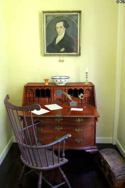 Portrait of Elbridge Gerry, drop-front desk, & Windsor chair at Jeremiah Lee Mansion. Marblehead, MA.