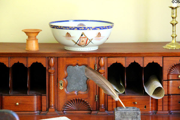 Cubbyholes & drawers on drop-front desk at Jeremiah Lee Mansion. Marblehead, MA.